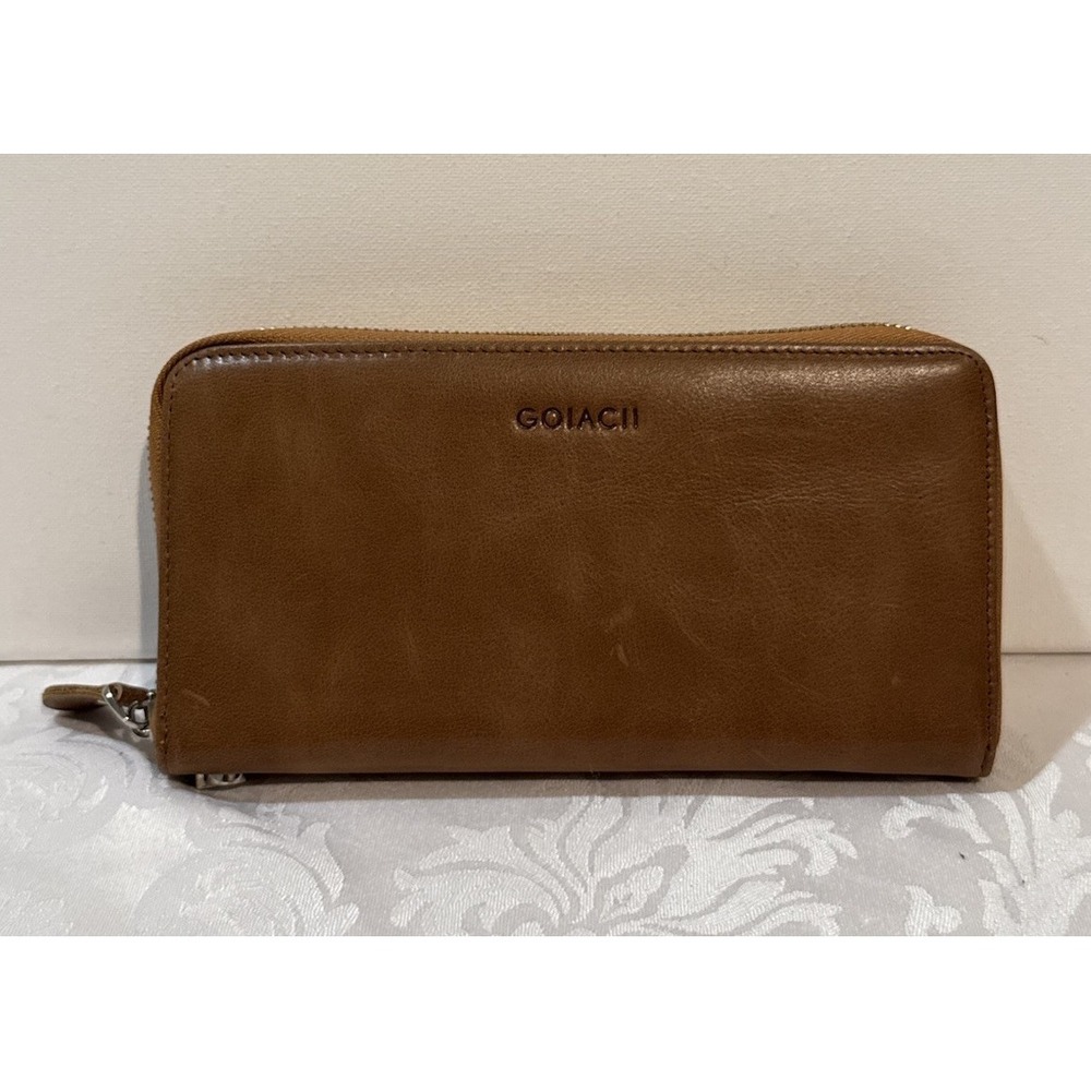 GOIACII RFID Blocking Genuine Leather Wallet with Card Slots Wristband Brown 8x4